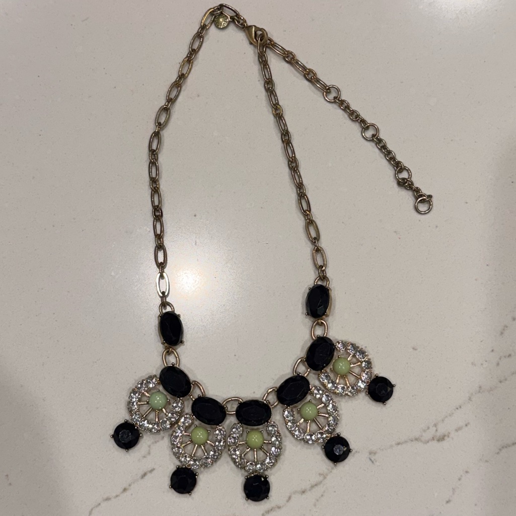 J Crew Chic Black And Gold Statement Necklace With Green Accents 15$